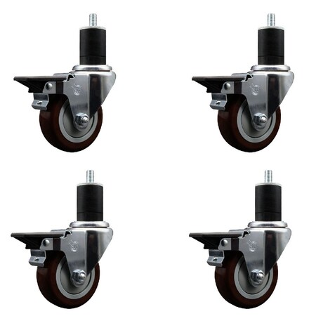 Service Caster 3.5'' Maroon Poly Swivel 1-3/4'' Expanding Stem Caster Set with Brake, 4PK SCC-EX20S3514-PPUB-MRN-PLB-134-4